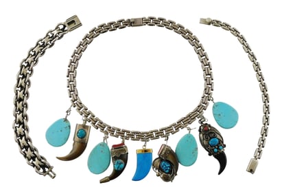 JEWELRY: Three chunky link sterling pieces, including a charm necklace and two bracelets, necklace
