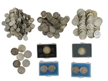 COINS: Circulated US silver coinage. Includes $22.10 in face value of silver Roosevelt and Mercury