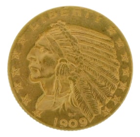 COIN: 1909-D $5 Indian Gold Coin. Mint State-60.