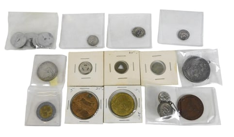 COINS: Three ancient silver coins, plus some world coins and exonumia. The three ancient coins are: