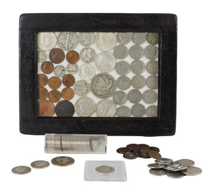 COINS: US collectible coins. Includes a homemade framed enclosure with various US copper nickel and