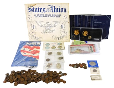 COINS: Includes a 1 ounce silver art bar; 1864 two cent piece in Good-4; one 90% silver 50c; one 40%