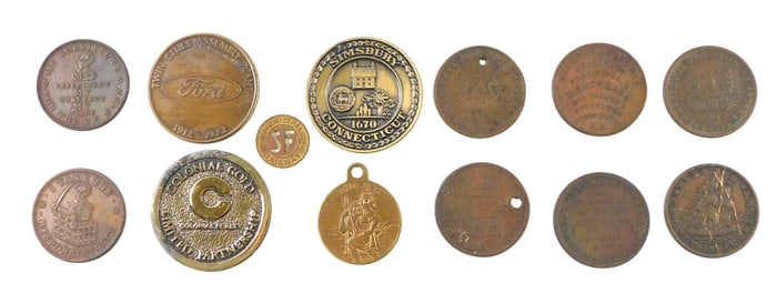 TOKENS: Eight 1830's era US hard times tokens and five modern miscellaneous tokens, thirteen pieces