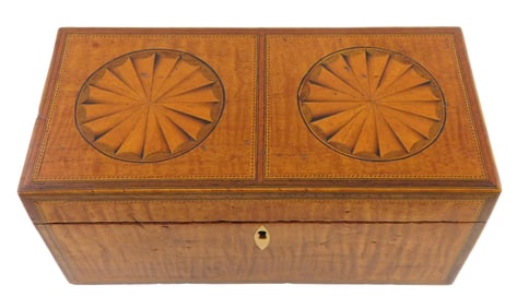 +Tea caddy, likely American, 19th C., curly maple veneer, top with two shaded sunburst circular