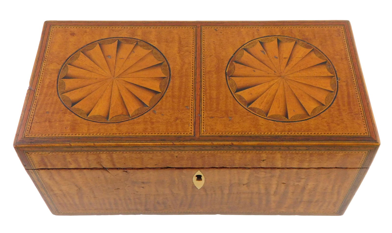 +Tea caddy, likely American, 19th C., curly maple veneer, top with two shaded sunburst circular