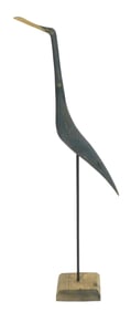 FOLK ART: Primitive large carved shore bird figure on stand, 1989, heron/ ibis form, carved pine