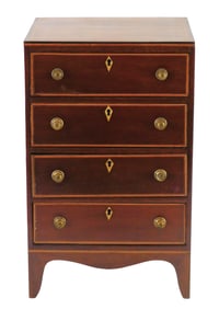 Hepplewhite miniature four drawer chest, likely English, 19th C., mahogany and oak, top and drawers