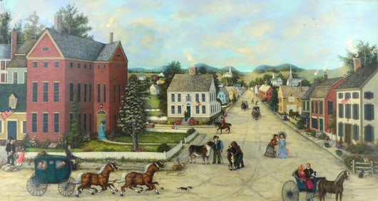 Linda Nelson Stocks (American, 1938-2011), "Untitled (Main Street)", 2003, oil on Masonite, signed