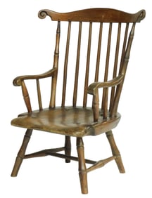 +Child's Windsor armchair, c. 1810, Pennsylvania, fan-back form in poplar, hickory, ash, carved