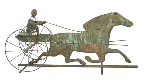 WEATHERVANE: Sulky Driver, American, 20th C., trotting horse with driver, molded copper, with wire