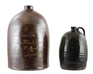 POTTERY JUGS: Two early Southern pottery alkaline glazed jugs: smallest a late 19th/ 20th C.,