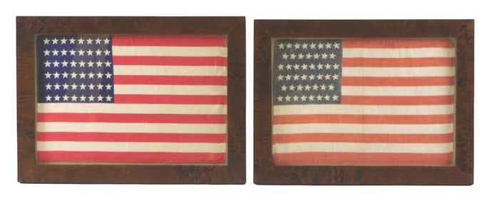 +Two framed small 48-star American flags, early/mid 19th C., similarly sized flags were carried by