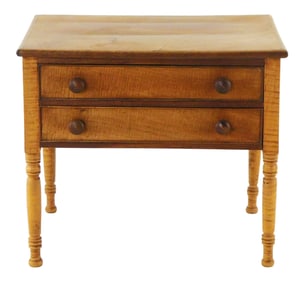 +Sheraton diminutive two drawer stand, American, c. 1820, mahogany and curly maple, pine, poplar