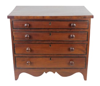 + Hepplewhite miniature four drawer chest, American or English, early 19th C., mahogany, pine