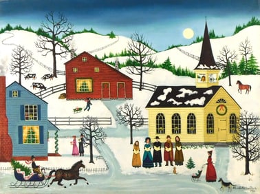 Linda Nelson Stocks (American, 1938-2011), "Untitled (Carolers outside Church)", 1982, oil on