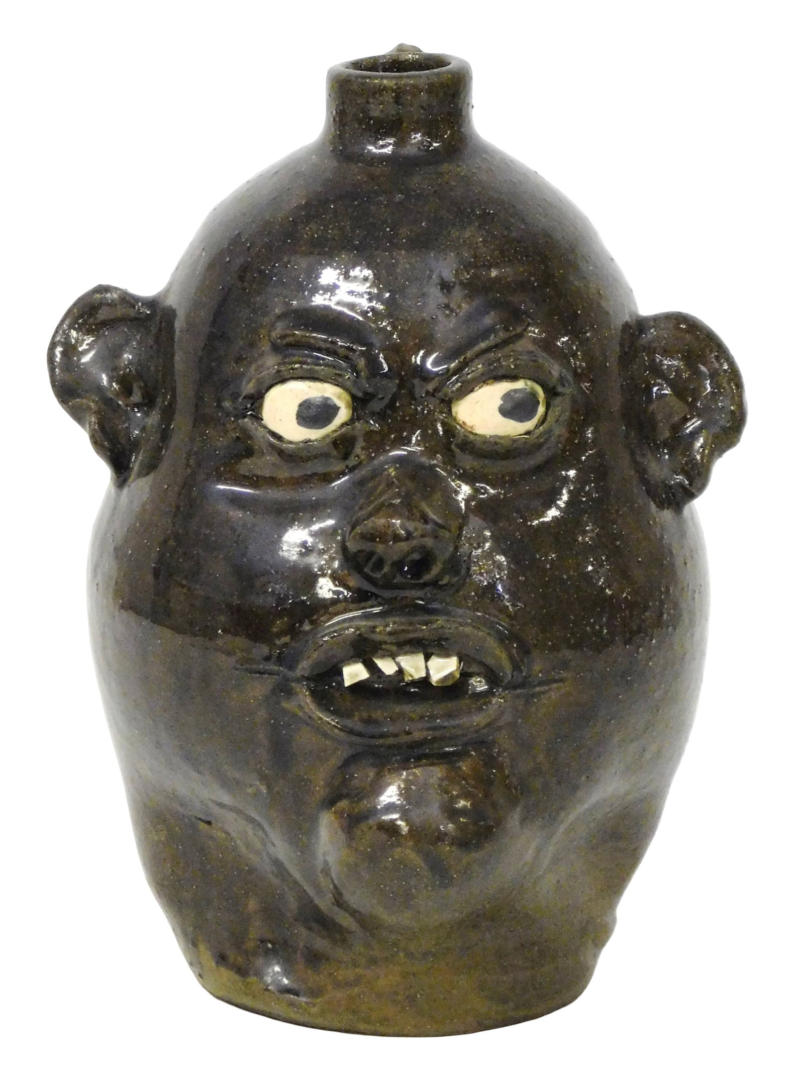 FACE JUG: Chester Hewell (Georgia, b. 1950), folk art grotesque pottery jug, dark and light brown (1 of 4)