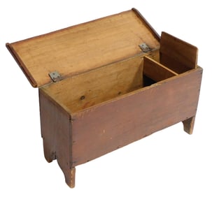 Diminutive blanket chest, American, 19th C., pine, with till, nailed construction, bootstrap ends,