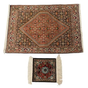 RUGS: Two small rugs, includes; A modern Persian style rug, 3' 4" x 2' 3", cotton on cotton, red