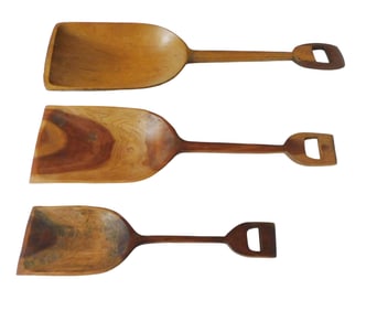 +Three wood grain shovels, American, 19th C, various woods and sizes, all with wear consistent with