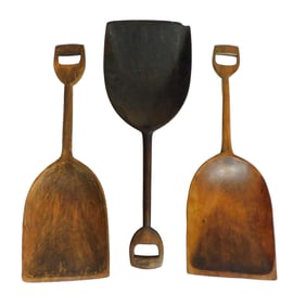 +Three wood grain shovels, American, 19th C, various woods and sizes, all with wear consistent with