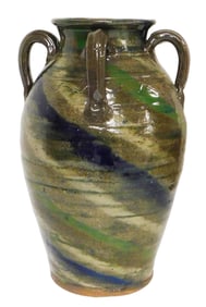 FOLK ART POTTERY: Burlon Craig (Vale, N.C.,1914–2002) large jug/ vase with four strap handles,