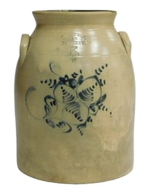 American salt-glazed stoneware crock, 19th C., 5-gallon size, hand-painted floral and foliate-scroll