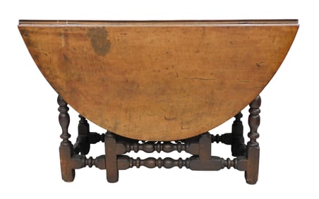 Gateleg table, American, 18th C., walnut and maple pine in old refinish, wear consistent with age