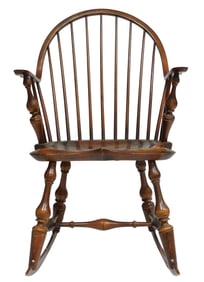 D.R. Dimes rocking Windsor armchair, 20th C., continuous bow form in ash and pine, original natural