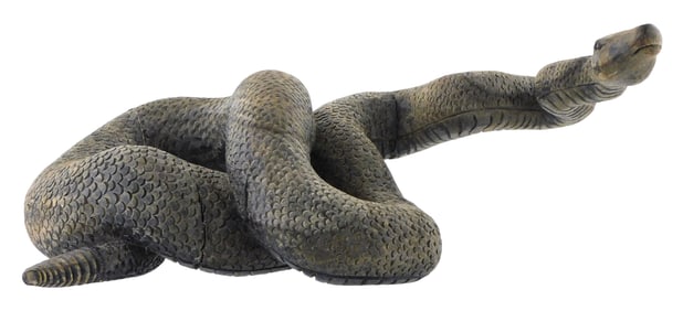 +SCULPTURE: Hand carved wooden rattlesnake, coiled for attack, traces of paint or patinated finish,