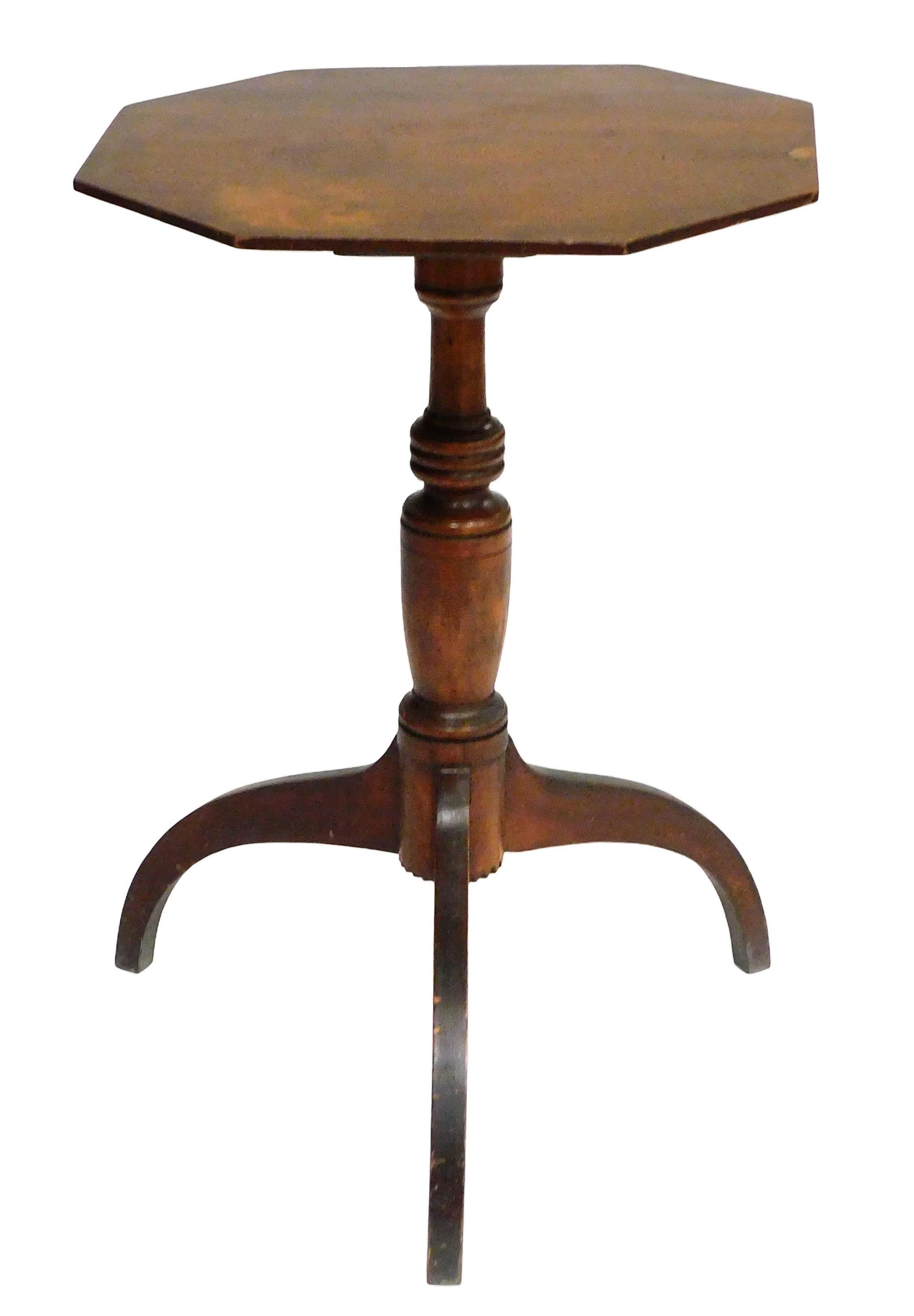 Candlestand, American, c.1810, cherry, octagon top on urn, ring turned chip carved standard with: Candlestand, American, c.1810, cherry, octagon top on urn, ring turned chip carved standard with spider legs, old or original natural finish, top underside cleaned, wear consistent with age and use, s
