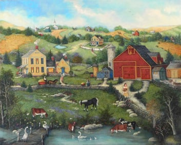 Linda Nelson Stocks (American, 1938-2011), "Untitled (Cows and Swans in Pond)", undated, oil on