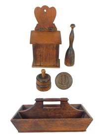 TREENWARE: Five pieces, American, 19th/early 20th C., including: knife tray, two sections and
