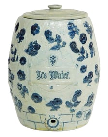 Stoneware "Ice Water" cooler, 19th C., American, manufactured by Whites, Utica, NY, 5 gallon size,