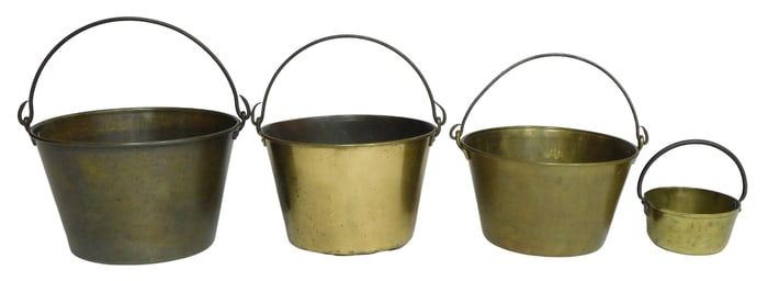 Four brass buckets with iron swing handles, two with Hayden's makers stamps to underside, one marked