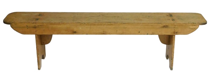 Bench, American, 19th C., pine with double tenoned legs, arch cutouts for feet, natural wood finish,