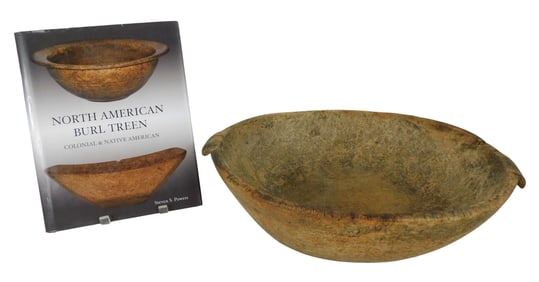 +TREENWARE: Early burl bowl, c. 1800, New England, likely Native American, hewn bowl with ovoid