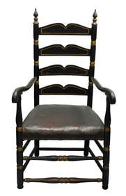 Ladderback armchair, New England, 18th C., maple and ash, pointed finials with four scrolled slats,