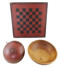 AMERICANA: Two treenware bowls and one checkerboard, 19th/early 20th C., including: treenware bowl