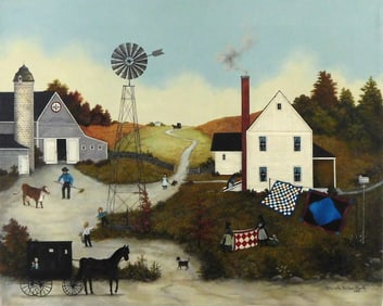 Linda Nelson Stocks (American, 1938-2011), "Airing the Quilts", 1991, oil on archival canvas, signed