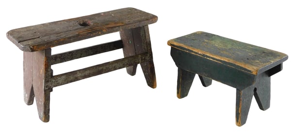 Two painted stools, American, 19th C., pine, including: one in green, 8" h. x 15" w. x 7" diam.; one