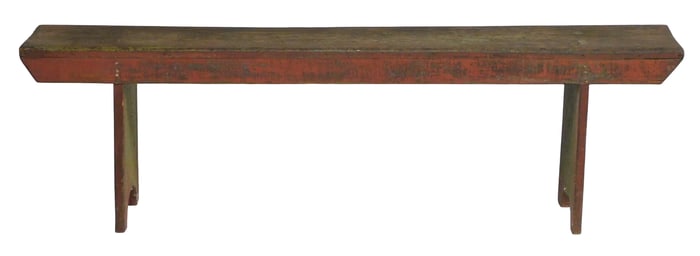Bench, American, 19th C., pine, single-board plank top with single apron, bootjack ends with