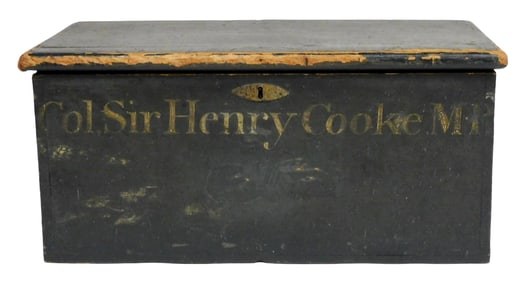 Storage chest, English or American, 19th C., dovetailed construction, pine in early black paint with