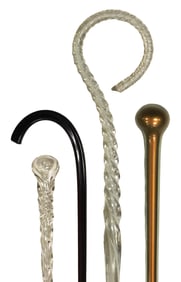 ART GLASS/WHIMSEYS: Four glass canes/parade staffs, including: Solid clear glass with white milk