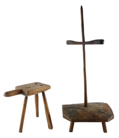 Two candle holders,18th C., American, including: three-legged stool with integral handle, shaped