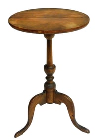 +Candlestand, American, 19th C., cherry top with mahogany base, top with round threaded cleat, urn