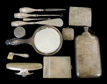 SILVER: Assortment of sterling and silver hollowware, flatware, and vanity pieces; including an