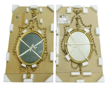 Pair of Girandole mirrors, c. 1825-30, gilt wood frames, oval glass center, sold as found,