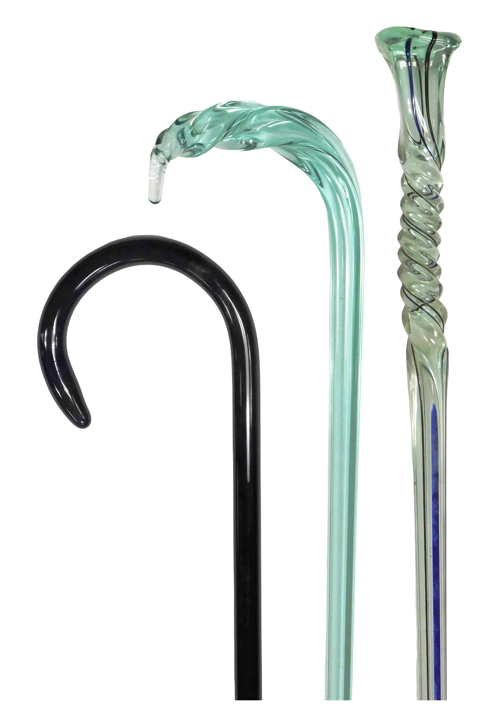ART GLASS/ WHIMSEYS: Three free-blown glass canes, including: solid green translucent glass with (1 of 3)