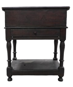 Chest on frame, American, c. 1700, oak, made of old and new parts, chest over frame, single shadow