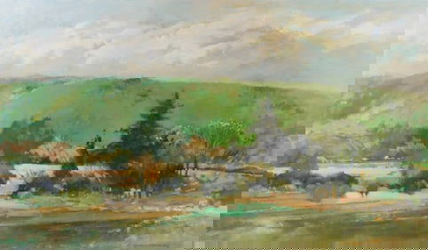 Paul Zimmerman (Connecticut, 1921-2007), “Spring, Avon”, gouache, depicts landscape with
